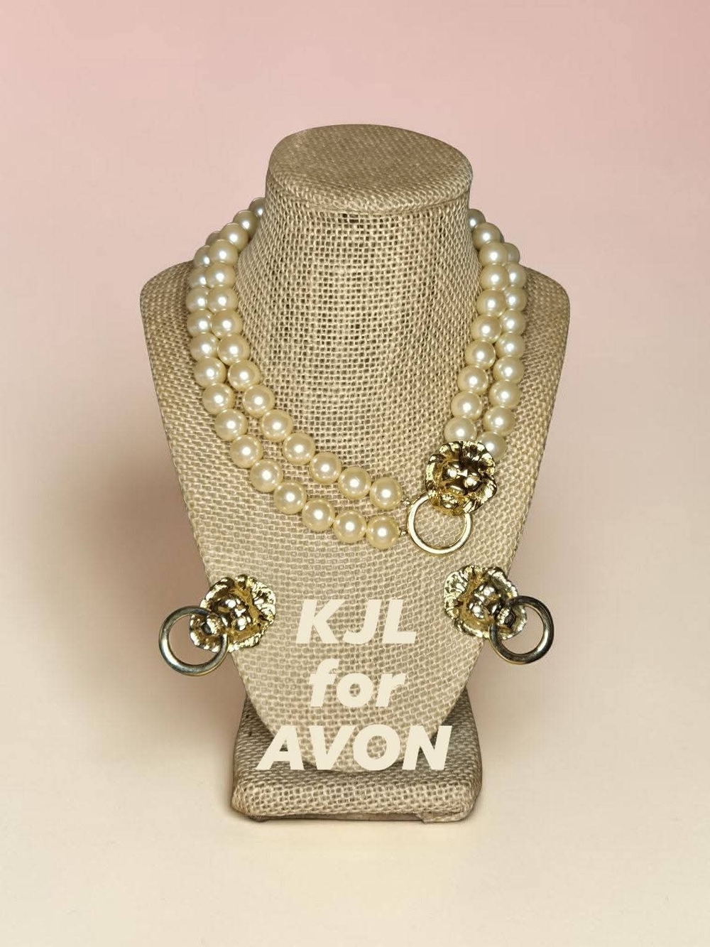 Vintage K.J.L. for Avon Lion Head Door Knocker Pearl Necklace & Earring Set